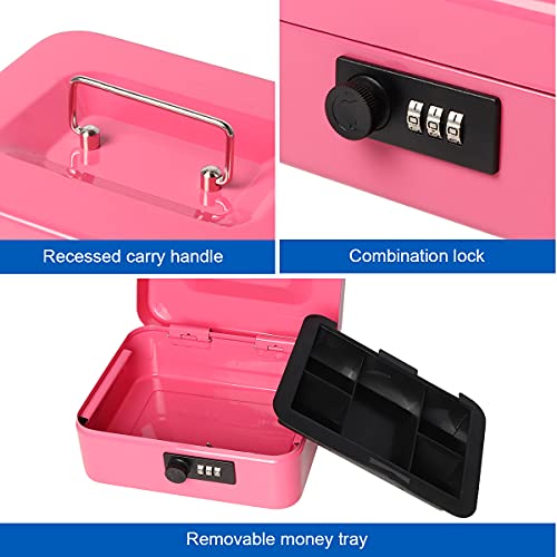 Small Cash Box With Combination Lock, Metal Money Box For Cash, Lovndi Lock Box With Money Tray, 7.87X 6.30X 3.54 Inches, Pink #TOP1