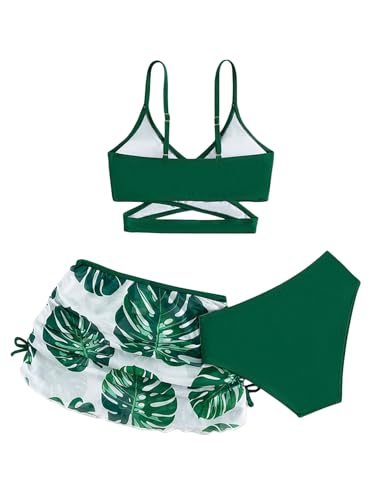 Image of Girl's 3 Piece Set Leaf Print Criss Cross Bikini Sets Bathing Suit Green 110