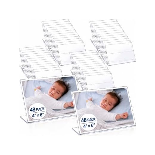 48 Pack Clear Photo Booth Frames 5.9 x 4 Inch Acrylic Sign Holders Slanted Back Clear Picture Frames L-shape Horizontal Self Standing Photo Sign Display Sign Holder with Insert for Home Office Store