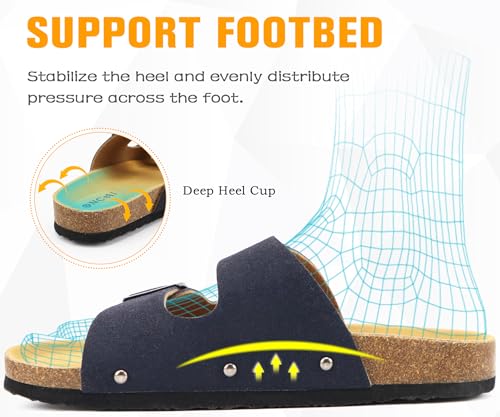 Image of ONCAI Womens Flat Slide Sandals with Arch Support 2 Strap Adjustable Buckle Slip on Slides Shoes Non Slip Rubber Sole