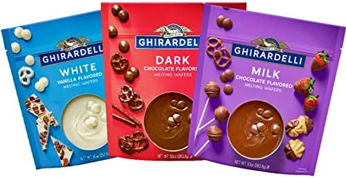 Ghirardelli Melting Chocolate Wafers Baking Variety Pack with Dark White Milk Chocolates for Halloween Cookies, Baking, Fondue and Candy Dipping, Set of 3, 10 Ounces