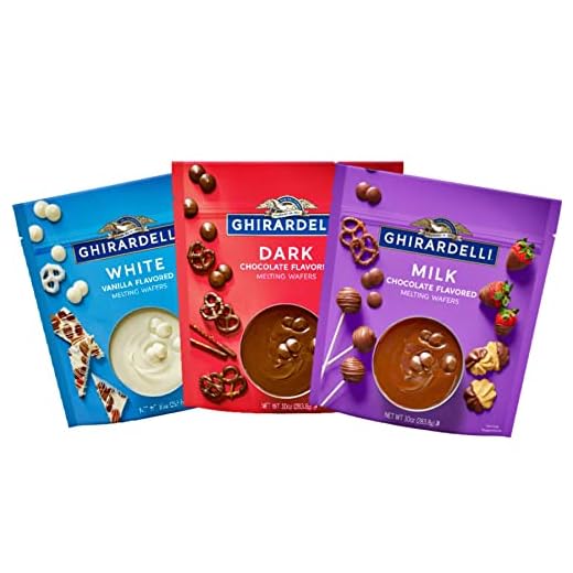 Ghirardelli Melting Chocolate Wafers Baking Variety Pack with Dark White Milk Chocolates for Halloween Cookies, Baking, Fondue and Candy Dipping, Set of 3, 10 Ounces