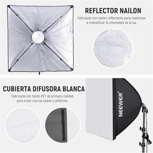 NEEWER Paquete de 2 700W Kit de Iluminación Softbox, Bombillas LED 5700K, 24x24 Softbox con E26 Socket, Paño Limpieza, Kit Luz Continua para Estudio Fotográfico Grabación Vídeo, NK200 - imagen 4