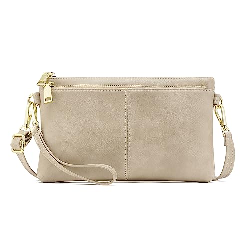 ZOUIQSS Kleine Dreifach Reißverschluss Umhängetasche Leichte Handtaschen Geldbörse Vegan Kunstleder Handgelenkstasche Inklusive verstellbarer Schulter(Classics Beige)