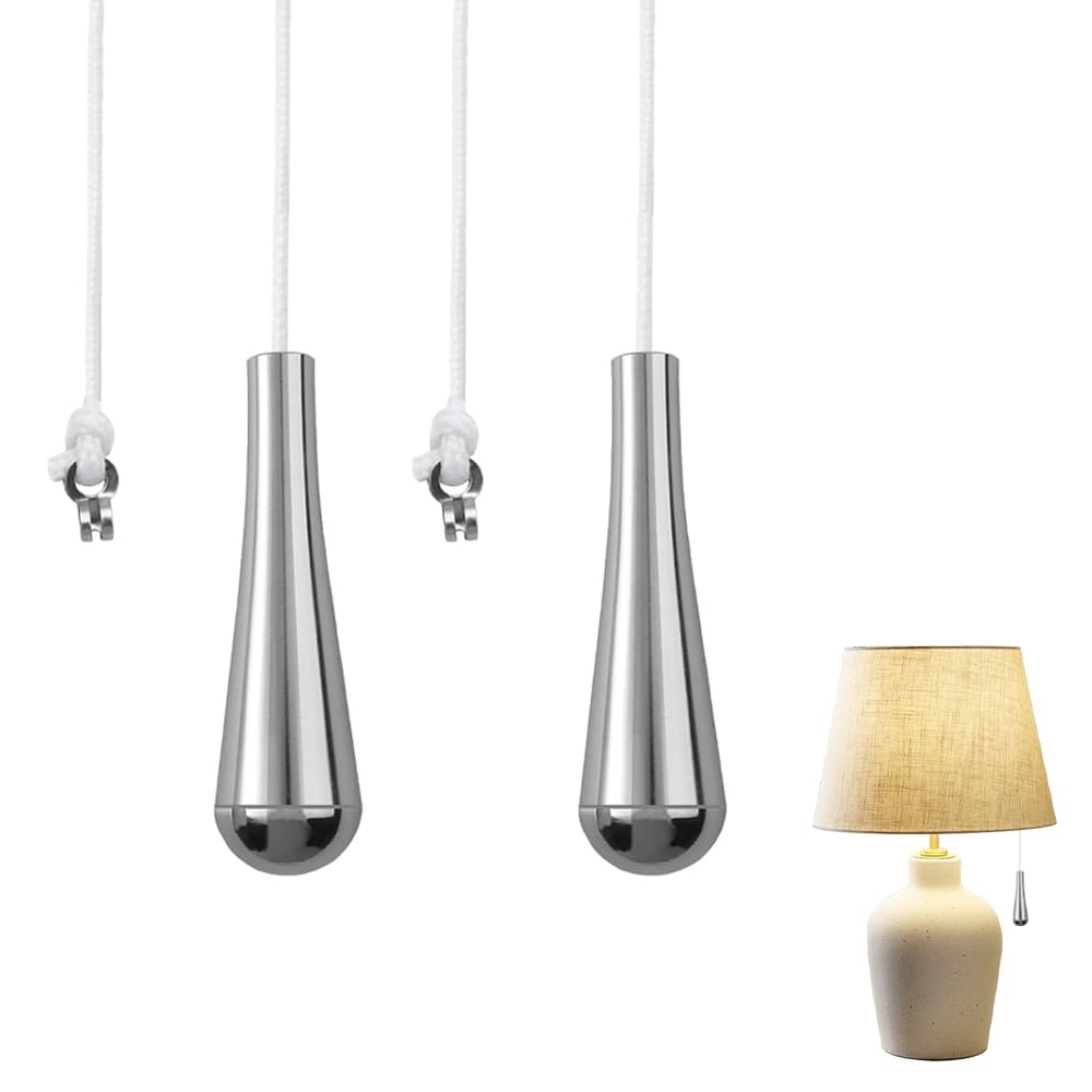 Yaisuhchnye Silver 2 Pcs Bathroom Pull Cord Handle Teardrop Chrome Pull String Switch With 1.5M White Nylon String Extension Pull String Light Switch Weight For Lamps Bathroom Lights Ceiling Fans