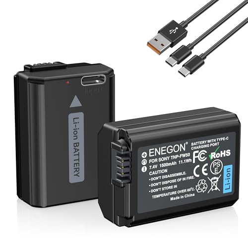 ENEGON NP-FW50 Type C Charging Port Battery(2 * 1500mAh) for Sony ZV-E10 A6000 A5100 A5000 A6300 A6500 A6400 Alpha 7 A7 A7II A7R A7RII A7S A7SII RX10 NEX-3/5/7 Series Camera.