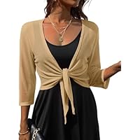 PrinStory Shrugs For Women Summer Tie Front Shrug Cardigans Breathable 3/4 Sleeve Stripes Top Ladies Open Front Beach Outerwear (Light Coffee,L)