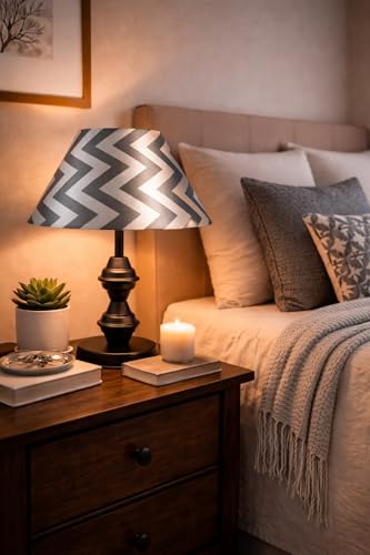 Image of tu casa Modern Table Lamp with Classic Chevron Grey Satin Shade | Metal Iron Base Decorative lamp for Living Room| Decorative Lighting for Living Room, Study, Designer Table Lamp for Gifting
