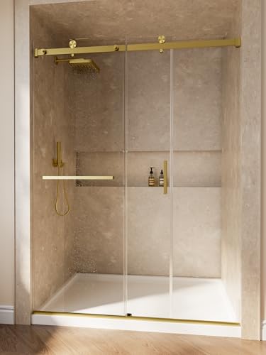 Frameless Shower Door 56-60 W x 76 H Sliding Shower Door 1/4 SGCC Tempered Clear Glass with Explosion-Proof Film & Nano Coating Shower Doors for Walk-in Shower Stainless Steel Brushed Gold A
