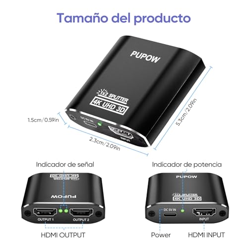 Miniatura 7 de Pupow Hdmi Splitter, 4k Aluminio Splitter Hdmi, Divisor 60hz 3d Y 1080p, Para Reproductor De Hdtv, Reproductor De Red,Ps3 4,Xbox,Stb Digital