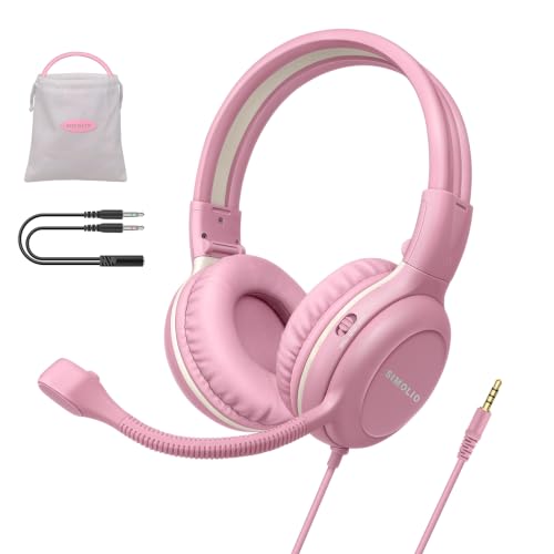SIMOLIO Kids-Headphones with Microphone for School 75/85/94 dB Wired Headphones with Boom Mic for iPad PC Laptop Gaming On Ear Pink Stereo Corded Headsets for Girls Children Teens Students