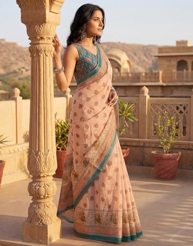 Image of SIRIL Women's Printed Cotton Linen One Minute Ready to Wear Saree With Unstitched Blouse Piece