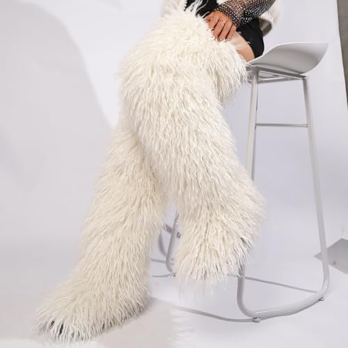 Image of Black Thigh High Fur Boots, Over the Knee Fluffy High Boots, Tall Furry shoes for Women