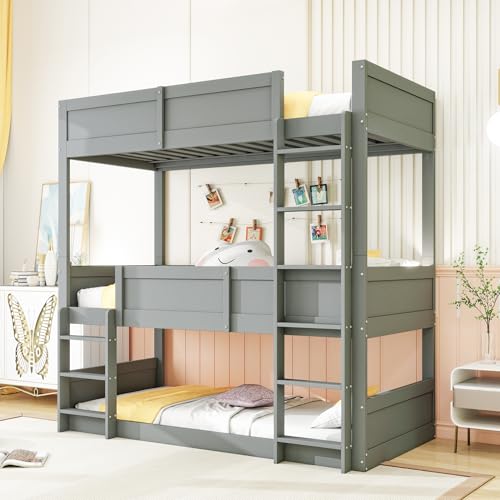 Witimisy Cama alta para niños de madera maciza con somier, valla alta, 205 x 95 x 191 cm (gris)