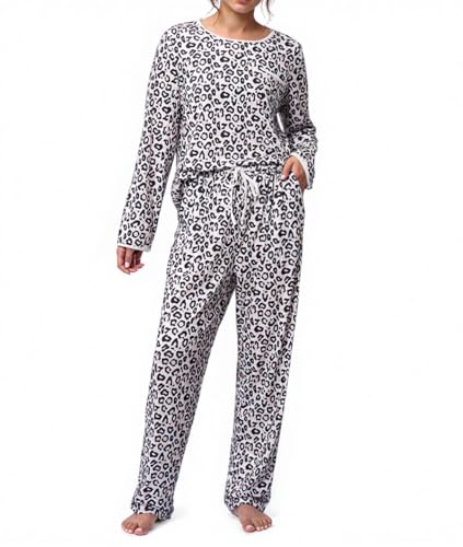 La Mejor Lista de Pijamas de Moda comprados en linea. 42 VIOPY Conjunto de Pijama Mujer 2 Piezas Pijamas Manga Larga Mujeres con Cuello Redondo y Bolsillos Cómodo para Dormir (Blanco Leopardo 2XL)