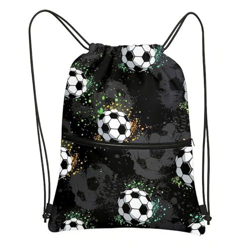 Aurelx Fussball Thema Sporttasche Kinder, Polyester Turnbeutel Schwarz, Robuster Gym Bag mit Reißverschluss, Stoffbeutel mit Kordelzug, Fussball Geschenke Jungen für Sport, Schule, Fitnessstudio