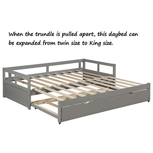 P PURLOVE Wood Extending Daybed with Trundle Bed Wood Daybed Frame, Gray