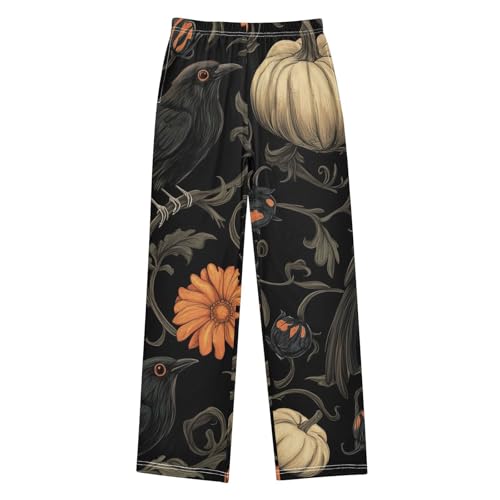 Halloween Crow Pumpkin Boys Long Pants Soft Trousers Elastic Waist Kids Lounge Bottoms with Pockets S-XL