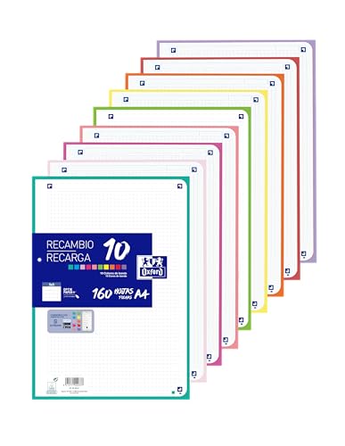 Oxford - Arkusze kratowe A4 perforowane, Zamiennik pliku, 160 Arkusze, Siatka 5x5, 10 kolorów paska