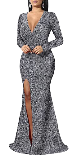 Image of Formal Long Sleeve Dress for Women Sequin Bodycon Ruched Sparkly Dresses