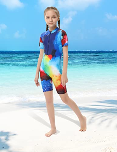 Geru Girls One Piece Swimsuits Zipper Short Sleeve Swimwear Water Sport Shorts Bathing Suits 7-8Y Colorful #TOP1