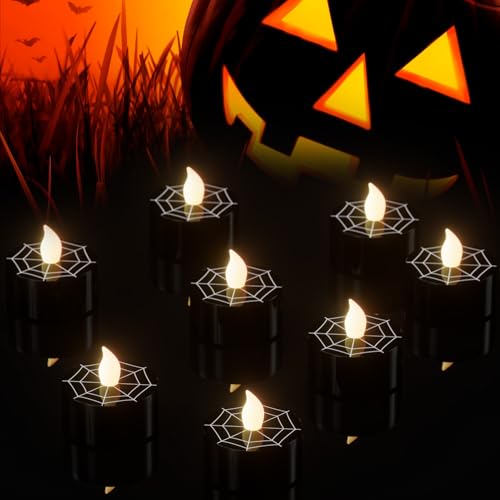Image of Black Halloween Tea Lights Candles with 6H Timer, Flameless Candles with Spider Web Flickering, LED Candles Battery Operated 12 Pack Φ 1.5 inch H 1.4 inch for Fall Halloween Decorations