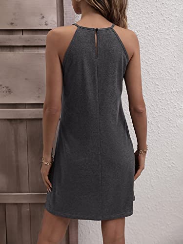 Oyoangle Women's Casual Cut Out Sleeveless Halter Neck Keyhole Back Short Cami Dress Dark Grey M #TOP1