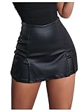 WDIRARA Women's PU Leather High Waist Shorts Split Hem Mini Skort Bodycon Skirts Black Medium