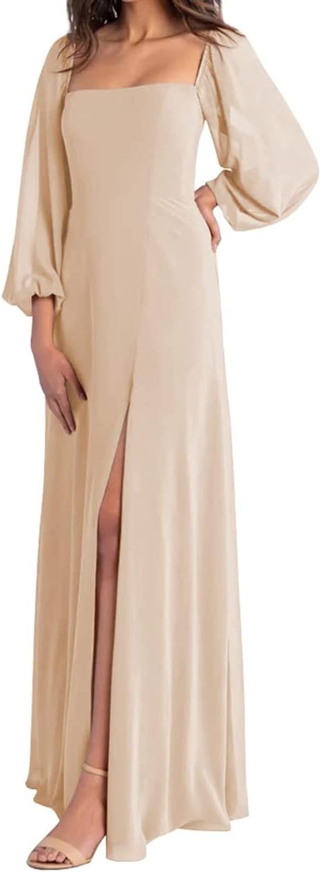 Square Neck Chiffon Long Sleeve Bridesmaid Dresses for Women Formal Evening Gowns Maxi Dress with Split