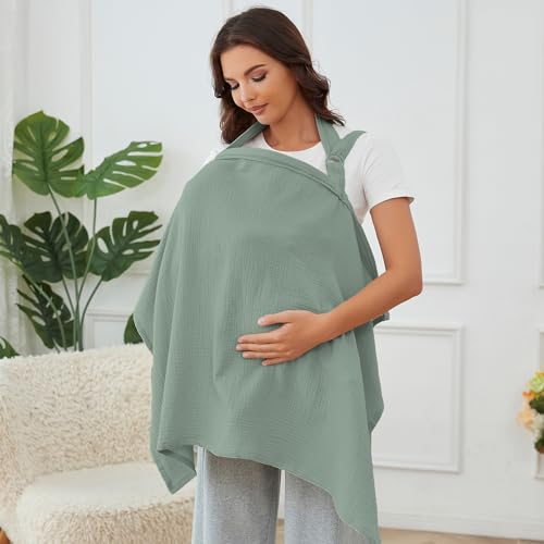 Image of Muslin Nursing Cover for Baby Breastfeeding, Breathable 100% Cotton Breastfeeding Cover with Rigid Hoop for Mother Nursing Apron (Light Cyan)
