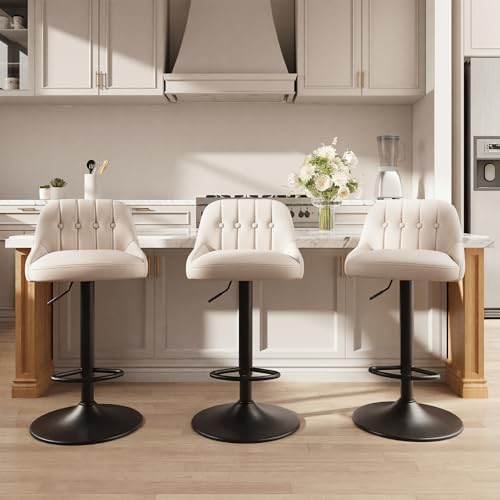 Image of MALOL Bar Stools Set of 3, Swivel Bar Chairs, Modern Adjustable PU Leather Upholstered Barstools Counter Height with Tufted Back for Bar, Kitchen Counter Island, Dining Room, Beige