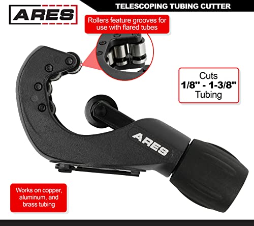Ares 18009 - Telescoping Pipe Cutter - Cuts 1/8-Inch To 1 3/8-Inch Copper, Aluminum And Brass Tubing - Lightweight Aluminum Body With Ergonomic Handle - Foldaway Reamer - Spare Cutting Wheel #TOP1