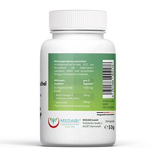 Medari -Grünlippmuschel 1500mg • Gefriergetrockneter 5:1 Extrakt Tagesdosis (Pro 3 Kapseln) 90 Kapseln aus Neuseeland (EPA/DHA/GAG) ohne Zusätze