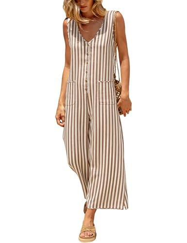 UANEO Women Jumpsuit Striped Button Down Casual Sleeveless Romper Wide