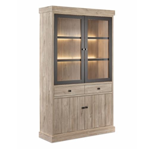 AltoBuy Argentier 4 Portes Dont 2 vitrées et 2 tiroirs avec éclairage LEDs Aspect Bois Finition Beach Oak - ROLYA