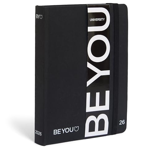 BE YOU - Agenda Universidade 2025/2026, 12 meses, setembro 2025 - agosto 2026, tampa flexível preta com fecho elástico, formato 12,5 x 16,5 cm, para estudantes universitários