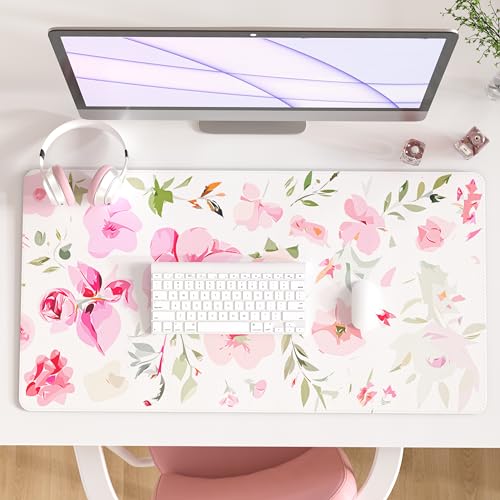 Colorful Star Floral Mouse Pad, Watercolor Pink Flowers Large Desk Mat, Computer Keyboard and Mouse Mat, Cute Office Decor Women Girls Desk Accessories Work Home Office Suppliers, 31.5"x15.7"