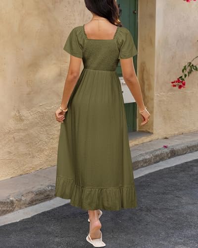 Image of BTFBM Womens Summer Dresses 2026 Casual Short Sleeve V Neck Drawstring Wedding Guest Maxi Dresses Boho Beach Long Dress