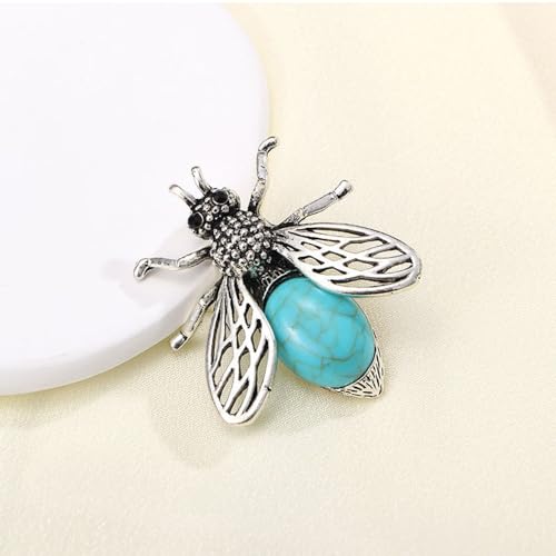 Image of Turquoise Bee Brooch Pin for Women Men Silver Plated Fashion Rhinesonte Blue Birthstone Bumblebee Honeybee Animal Insect Brooches Lapel Pins Boho Dress Accessories Birthday Holiday Jewelry Gift