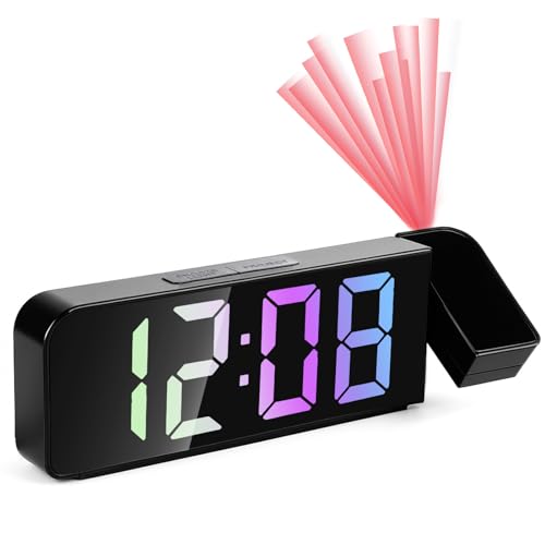Réveil Projecteur, Réveil avec Projection Numérique et Thermomètre, Projecteur 180° Réglable, 4 Luminosités Grand Écran LED 7,9, Snooze, Mode Nuit, Chiffres Colorés