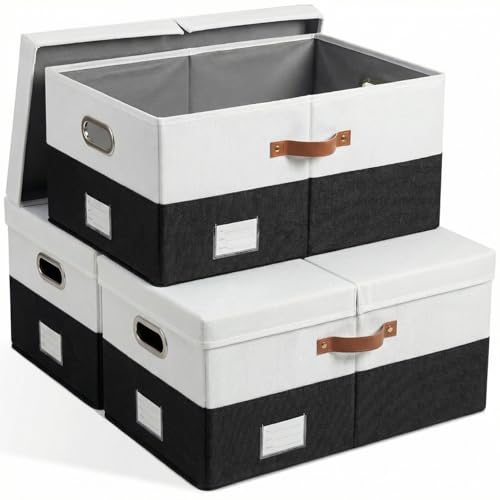 Image of PRANDOM Storage Bins with Lids [3-Pack] Linen Fabric Foldable Storage Boxes Organizer Containers Baskets Cube with Cover for Bedroom Closet Office Grey&Black (23.4X15.9X11.4)