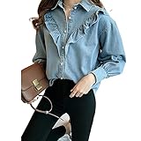 2020 Venta de Mujeres Denim dulce Ruchado Flow Slim Slim Tiered Ruffles Jean Camisa Papper Mangas Tops Blusa Femenina Básica