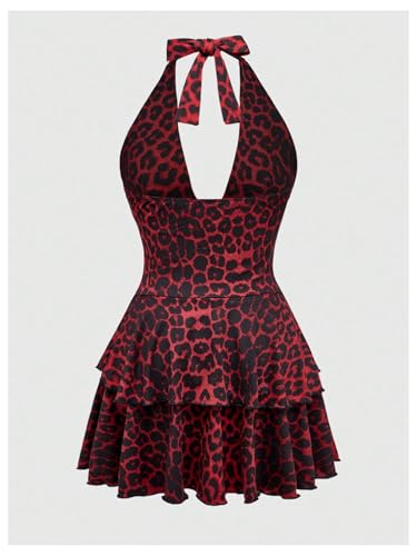 Image of SOLY HUX Women's Plus Size Leopard Print Halter Dress Y2k Gothic Deep V Cheetah Tie Backless Layered Ruffle Mini Dresses