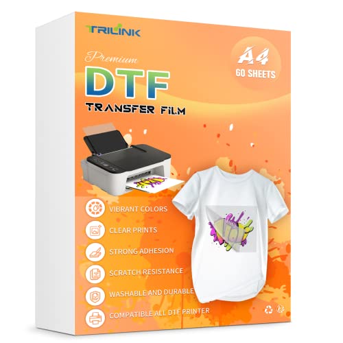 TRILINK DTF Transfer Film Paper A4 (8.5" x 11") - 60 Sheets Premium PET Direct to Film Transfer Paper for Sublimation - Works on Cotton, Polyester, and More Fabrics - Ideal for T-Shirts Printing