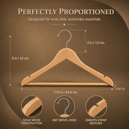 Image of Ash & Roh - Wooden Suit Hangers - Smooth Finish Solid Wood Coat Hanger with Non Slip Pants Bar, 360 Swivel Hook and Precisely Cut Notches Camisole, Jacket, Clothes Hangers (Wooden Hanger, 110)