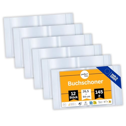 perfect line 12x Buchumschlag 26 5 cm Höhe Schulbuchhülle extra stabil aus PP Buchschoner glasklar transparent abwischbar Hülle bis 54 cm Breite Made in EU ideal für Bücher