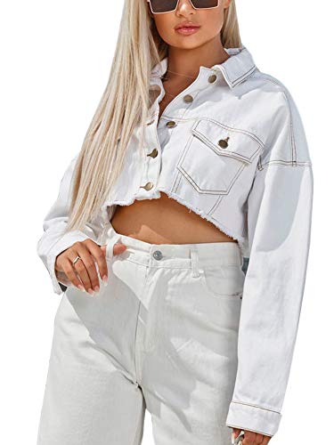 Jean Jacket Women Cropped White Denim Jacket (XL, White washed)