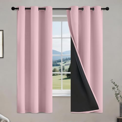 Image of COSVIYA 100% Pink Blackout Curtains for Bedroom Kids Room 63 Inches Length 2 Panels Set, Full Light Blocking Thermal Insulated Grommet Nursery Window Treatment Drapes with Black Liner,W40 x L63