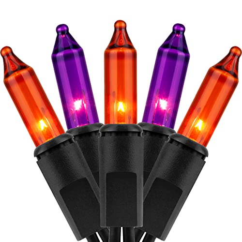 YULETIME 200 Orange Purple Halloween Lights 2-Set 21 ft 100 ct Black Wire