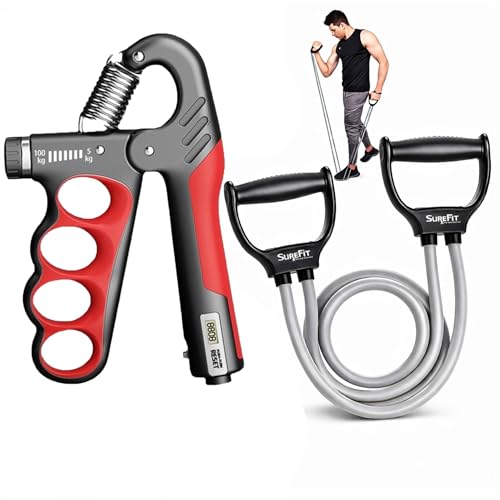 Image of SUREFIT Hand Grip Strengthener with Resistance Tube, Adjustable Gripper and Exercise Band Combo for Strength Training For Man and Women (Counter Adjustable- 5-100 Kg)